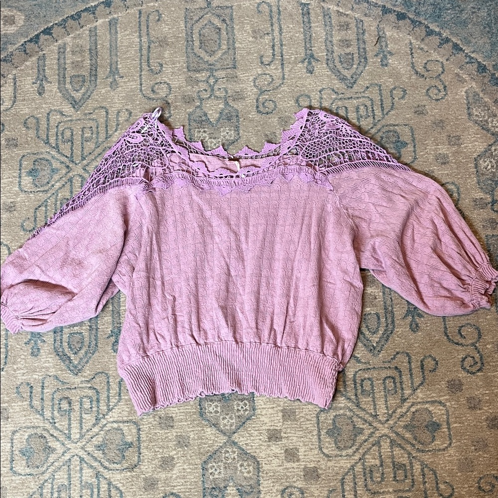 Free People Rose Pink Crochet Yoke Peasant Blouse